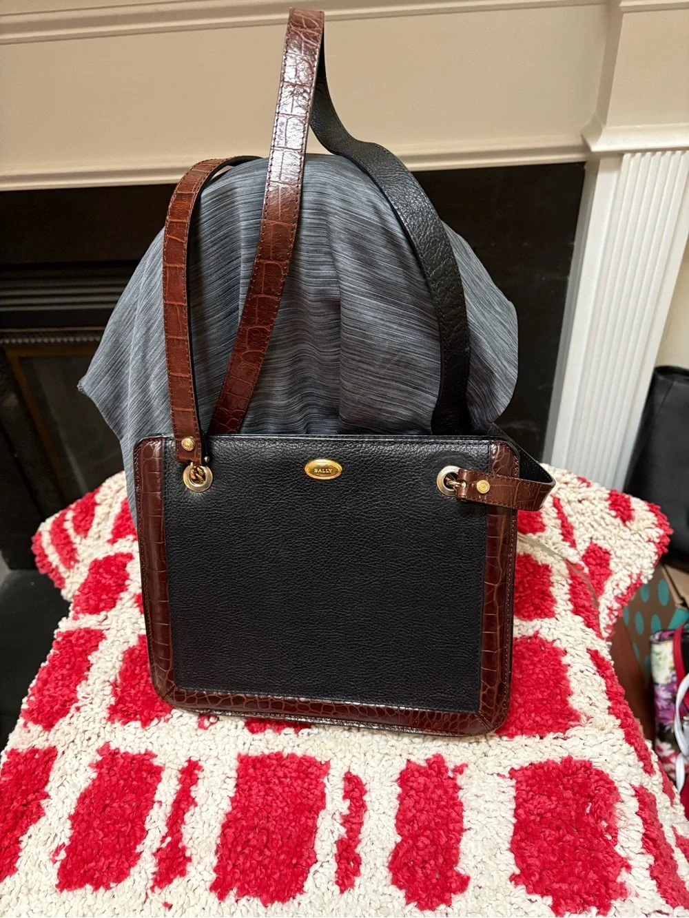 Bally Black Leather Tote with Brown Croc-Trim and Gold Accents